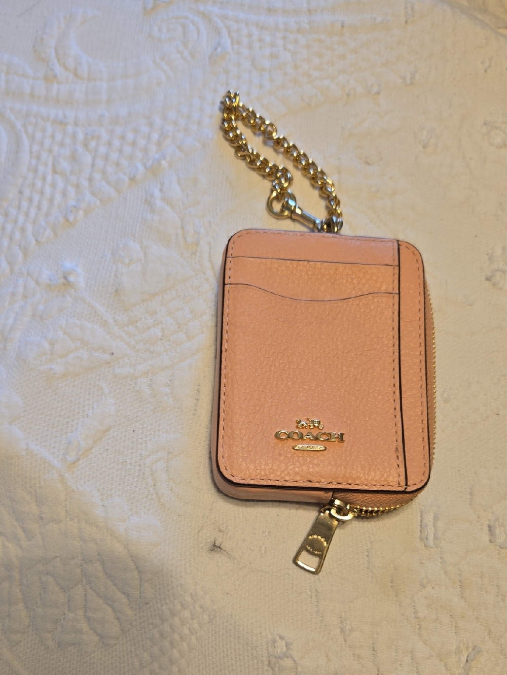 Coach Blush Pink Leather Card Holder with Gold Chain